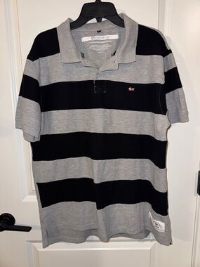 South Pole Men's Grey and Black Wide-Striped Polo